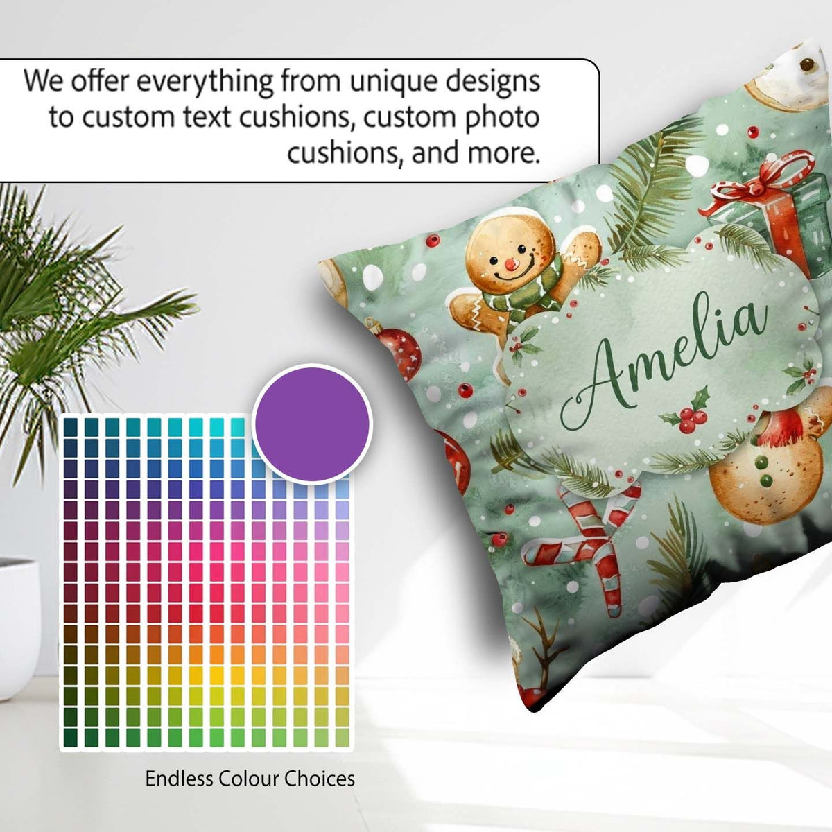 Custom Name Cute Gingerbread Snowman Candy Cane Holiday Seamless Square Filled Cushion Throw Pillow Sofa Bed Home Decor Zip Washable UK Made