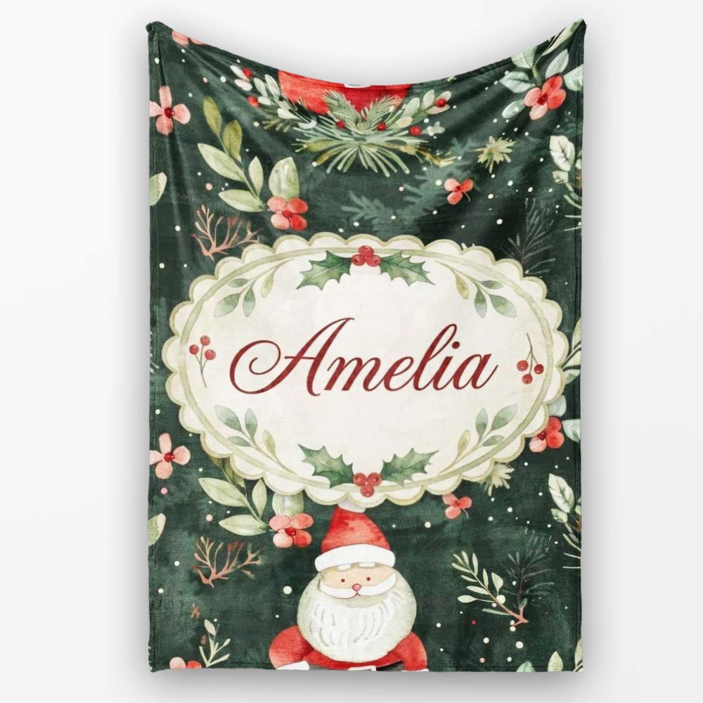 Watercolor Santa Claus Winter Foliage Dark Green Seamless Pattern Personalised Custom Name Super Soft Fleece Blanket Bed Sofa Throw