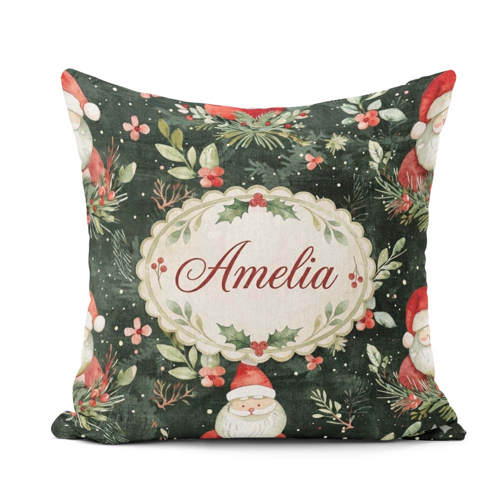 Custom Name Watercolor Santa Claus Winter Foliage Green Seamless Square Filled Cushion Throw Pillow Sofa Bed Home Decor Zip Washable UK Made