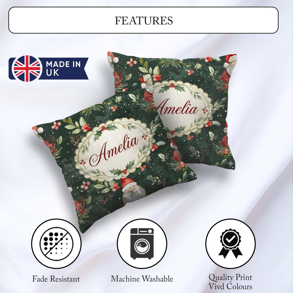Custom Name Watercolor Santa Claus Winter Foliage Green Seamless Square Filled Cushion Throw Pillow Sofa Bed Home Decor Zip Washable UK Made