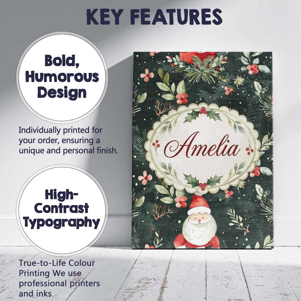 Personalised Name Watercolor Santa Claus Custom Unique Gift Idea Elegant Feature Canvas Wall Art Print Decor Picture Ready to Hang