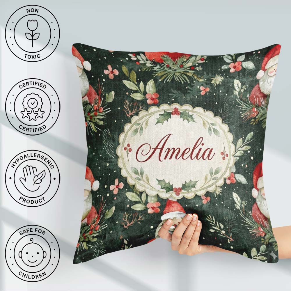 Custom Name Watercolor Santa Claus Winter Foliage Green Seamless Square Filled Cushion Throw Pillow Sofa Bed Home Decor Zip Washable UK Made