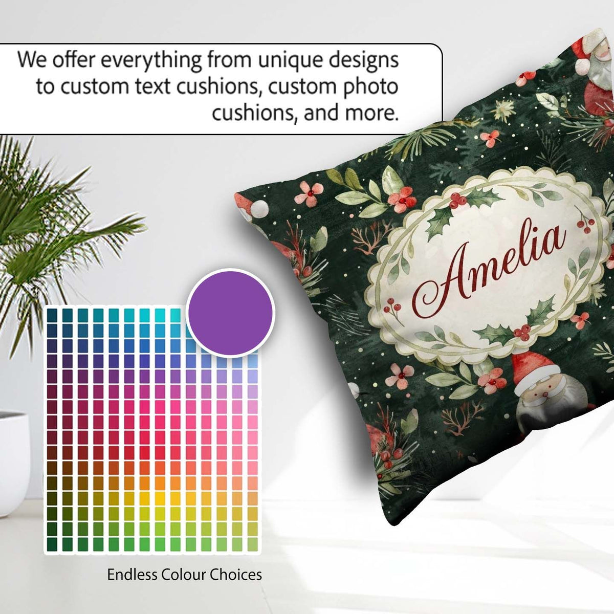Custom Name Watercolor Santa Claus Winter Foliage Green Seamless Square Filled Cushion Throw Pillow Sofa Bed Home Decor Zip Washable UK Made