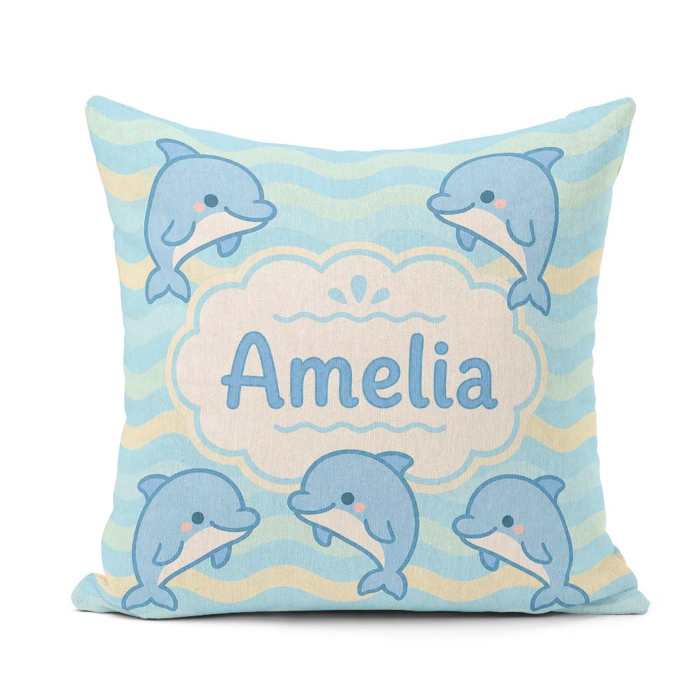 Custom Name Cute Dolphin Waves Cartoon Animal Pattern Cute Gift Square Filled Cushion Throw Pillow Sofa Bed Home Decor Zip Washable UK Made