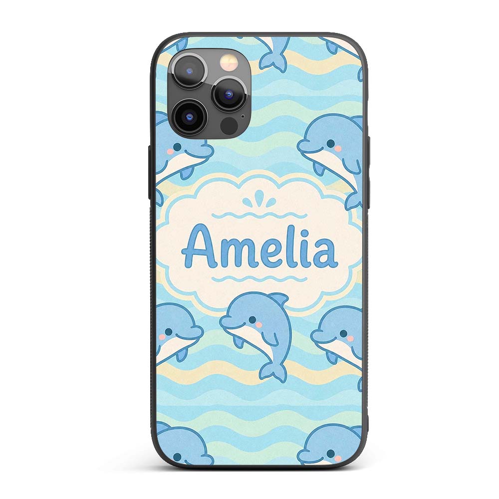 Cute Dolphin Waves Cartoon Animal Pattern Cute Custom Name Protective Phone Case Mobile Cover Durable Everyday Smartphone Shock Resistant