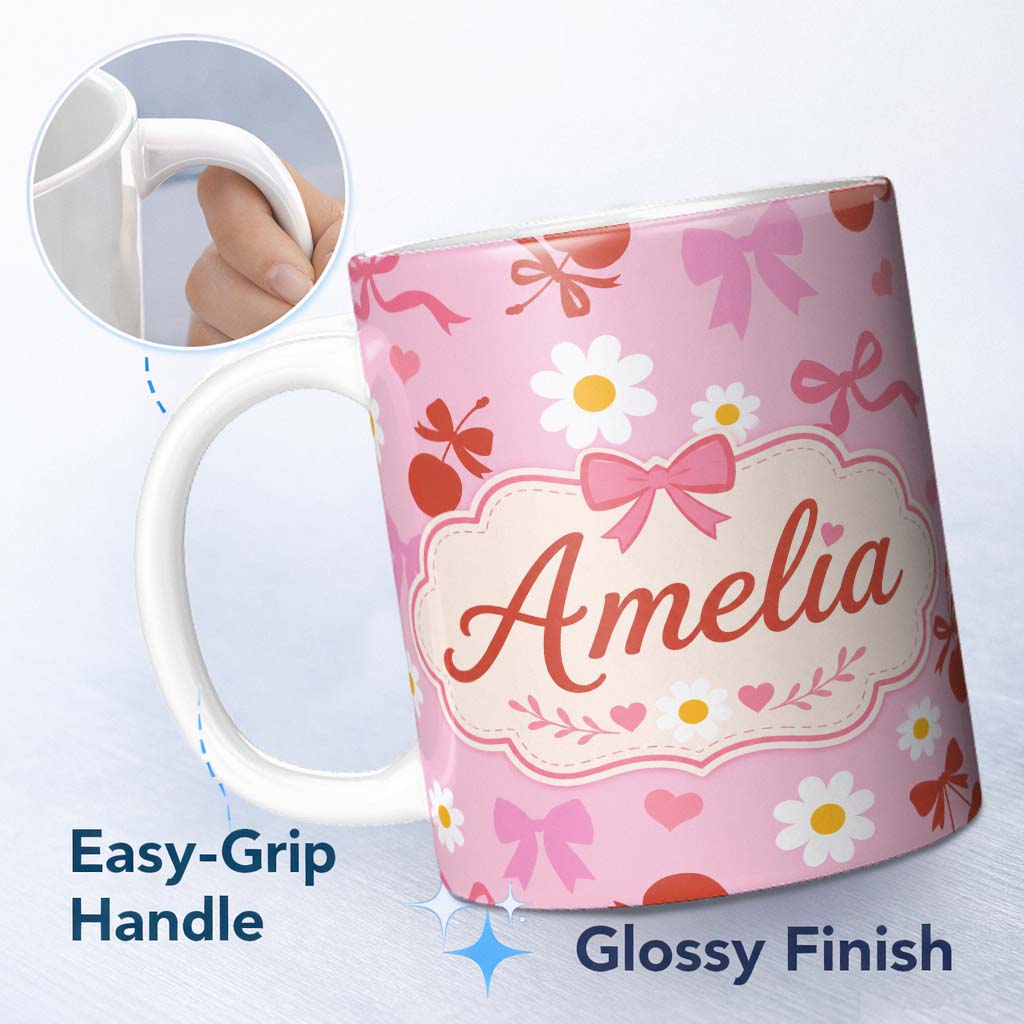 Personalized Custom Name Pink Cherry and Bow Decorative with Floral Elements Sweet Style 11oz Ceramic Coffee Tea Mug White Large Handle