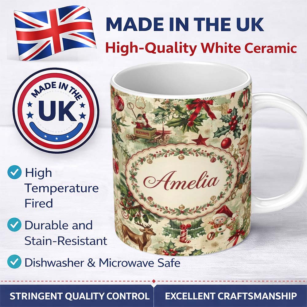 Personalized Custom Name Classic Vintage Christmas Toys Tree Santa Festive Seamless Pattern 11oz Ceramic Coffee Tea Mug White Large Handle