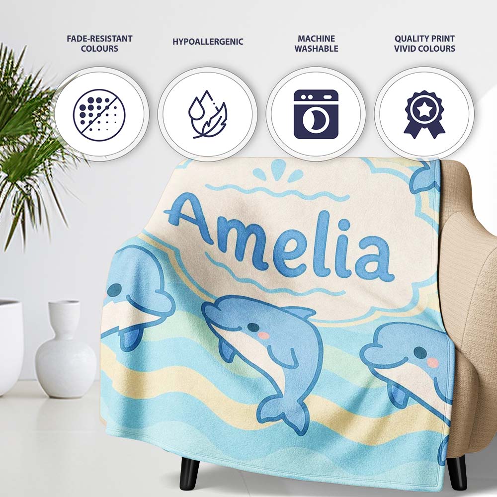 Cute Dolphin Waves Cartoon Animal Pattern Cute Unique Gift Lovely Personalised Custom Name Super Soft Fleece Blanket Bed Sofa Throw