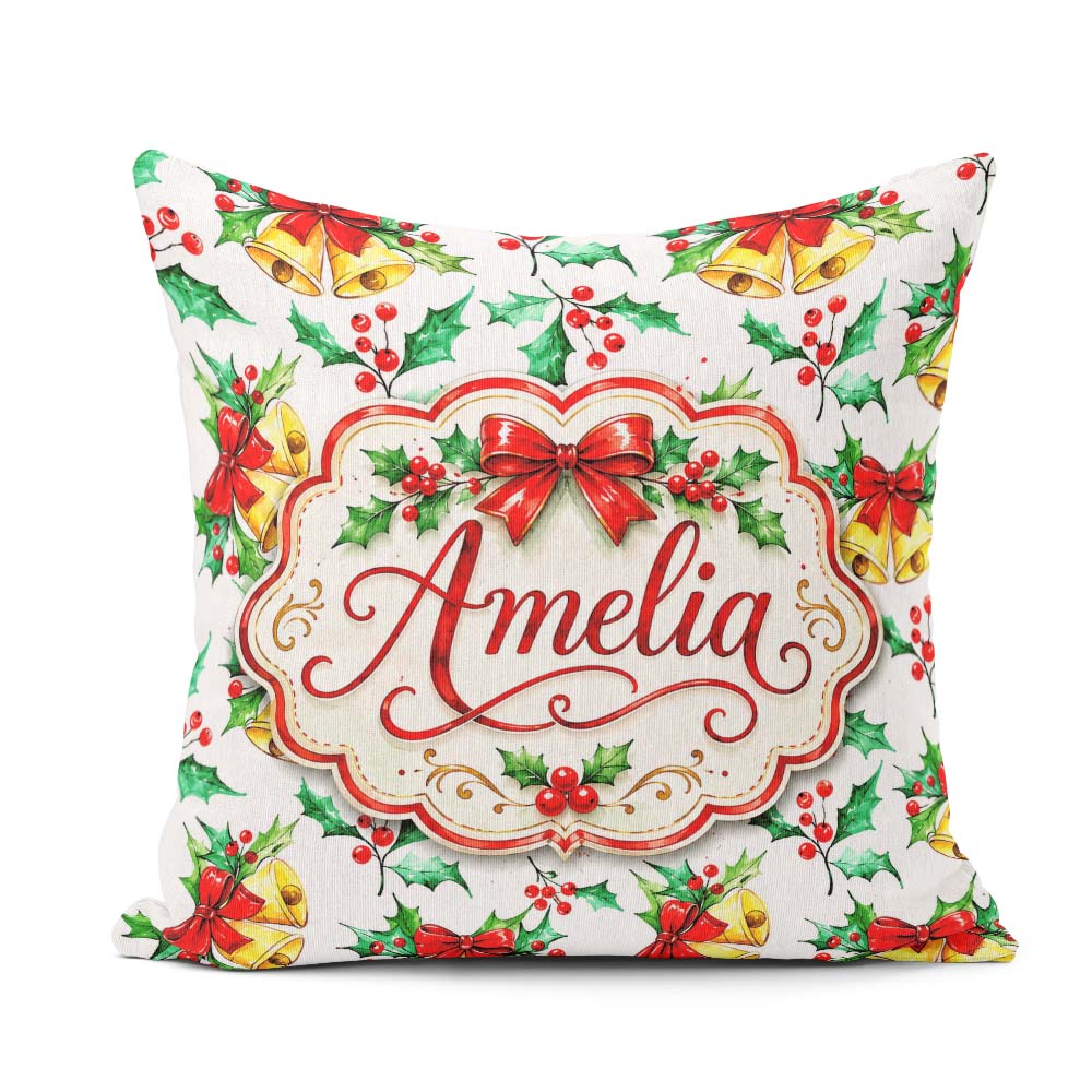 Custom Name Watercolor Holly Berry Gold Red Bow Festive Seamless Square Filled Cushion Throw Pillow Sofa Bed Home Decor Zip Washable UK Made
