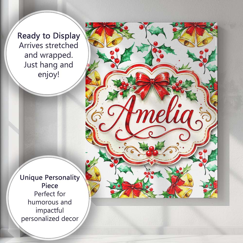 Personalised Name Watercolor Holly Berry Custom Unique Gift Idea Elegant Feature Canvas Wall Art Print Decor Picture Ready to Hang