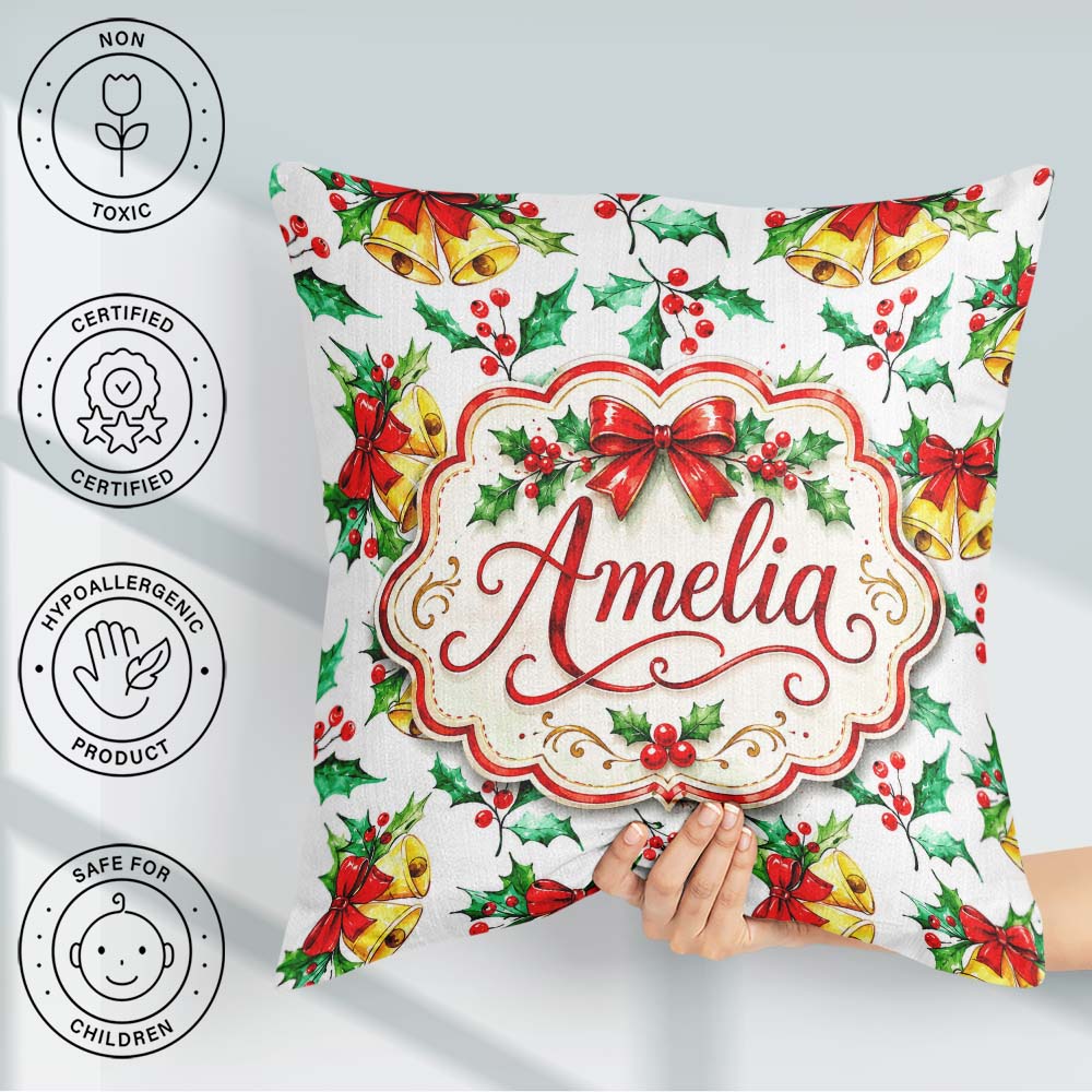 Custom Name Watercolor Holly Berry Gold Red Bow Festive Seamless Square Filled Cushion Throw Pillow Sofa Bed Home Decor Zip Washable UK Made