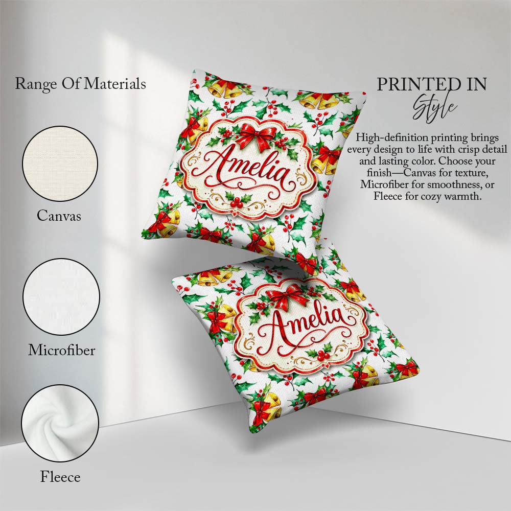 Custom Name Watercolor Holly Berry Gold Red Bow Festive Seamless Square Filled Cushion Throw Pillow Sofa Bed Home Decor Zip Washable UK Made