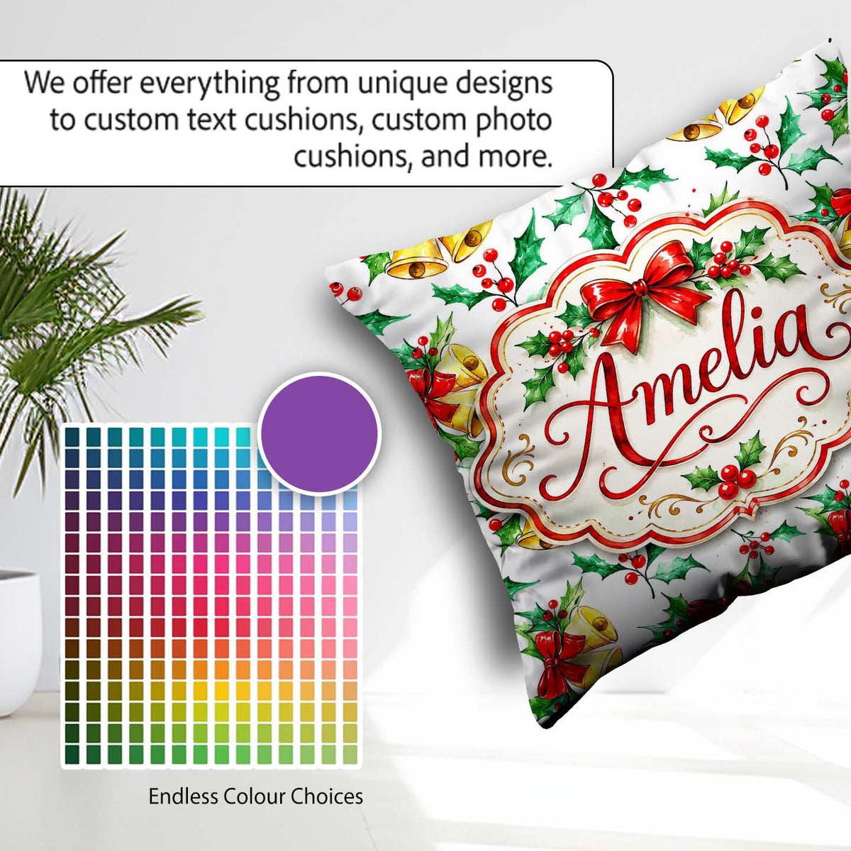 Custom Name Watercolor Holly Berry Gold Red Bow Festive Seamless Square Filled Cushion Throw Pillow Sofa Bed Home Decor Zip Washable UK Made