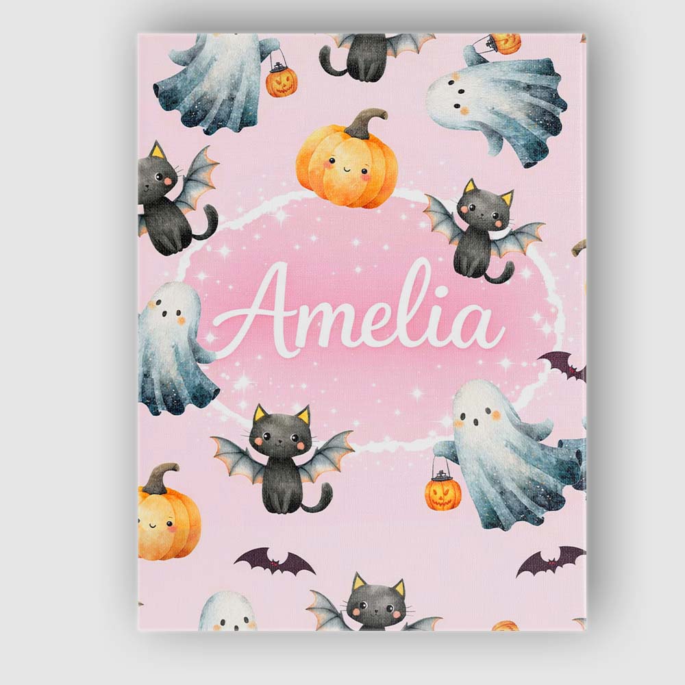 Personalised Name Halloween Ghost Pumpkin Cat Seamless Pattern Pink Custom Canvas Wall Art Print Decor Picture Ready to Hang