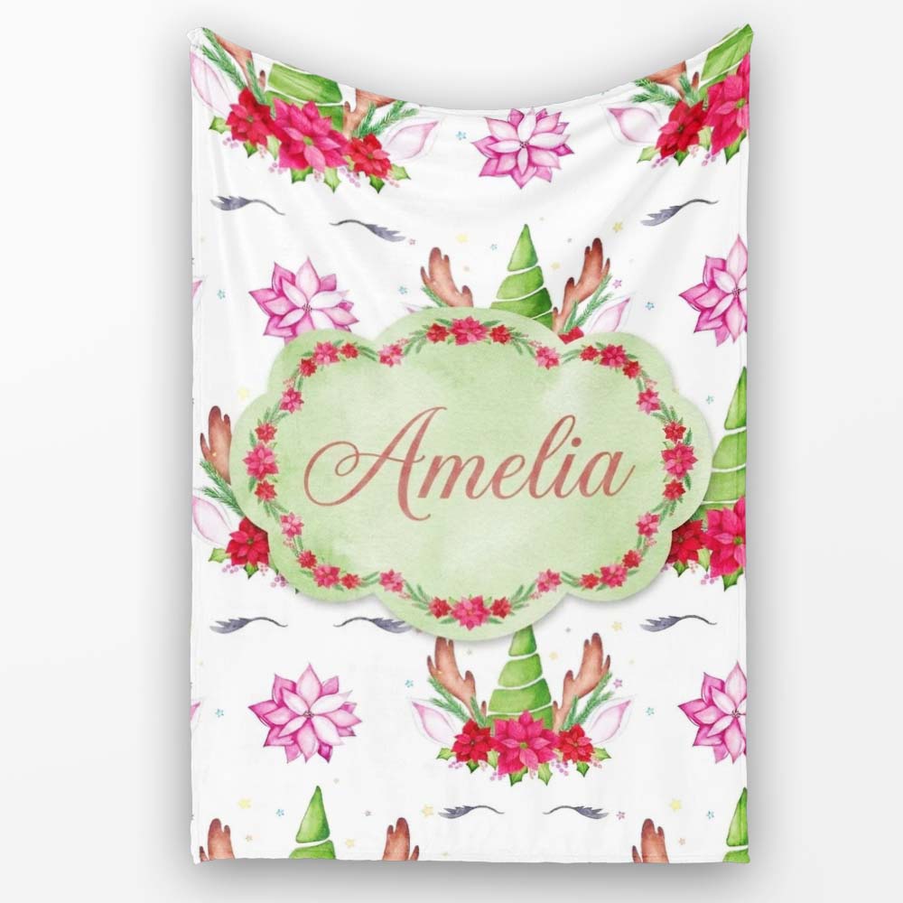 Cute Unicorn Christmas Poinsettia Floral Fantasy Seamless Pattern Personalised Custom Name Super Soft Fleece Blanket Bed Sofa Throw