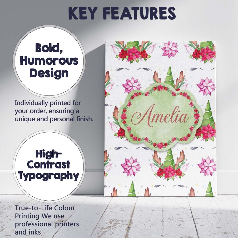Personalised Name Cute Unicorn Christmas Custom Unique Gift Idea Elegant Feature Canvas Wall Art Print Decor Picture Ready to Hang