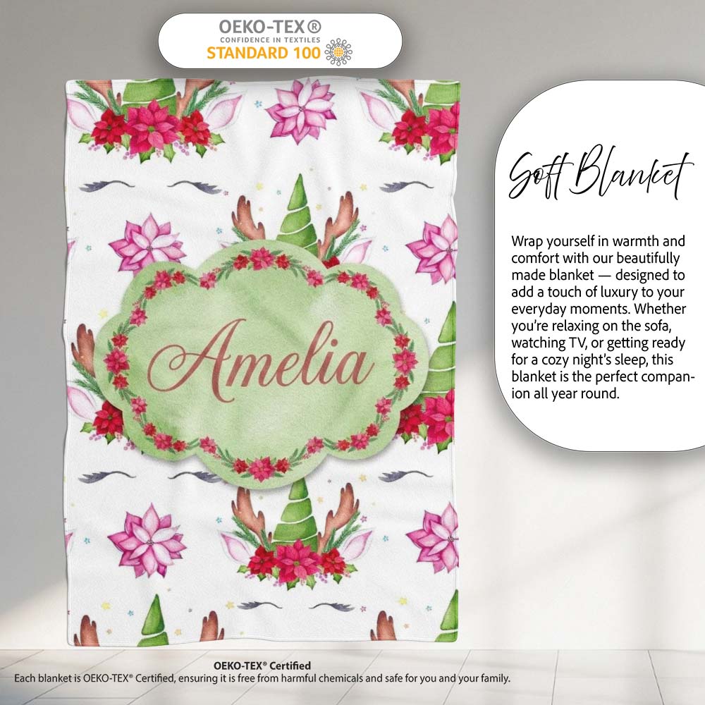Cute Unicorn Christmas Poinsettia Floral Fantasy Seamless Pattern Personalised Custom Name Super Soft Fleece Blanket Bed Sofa Throw