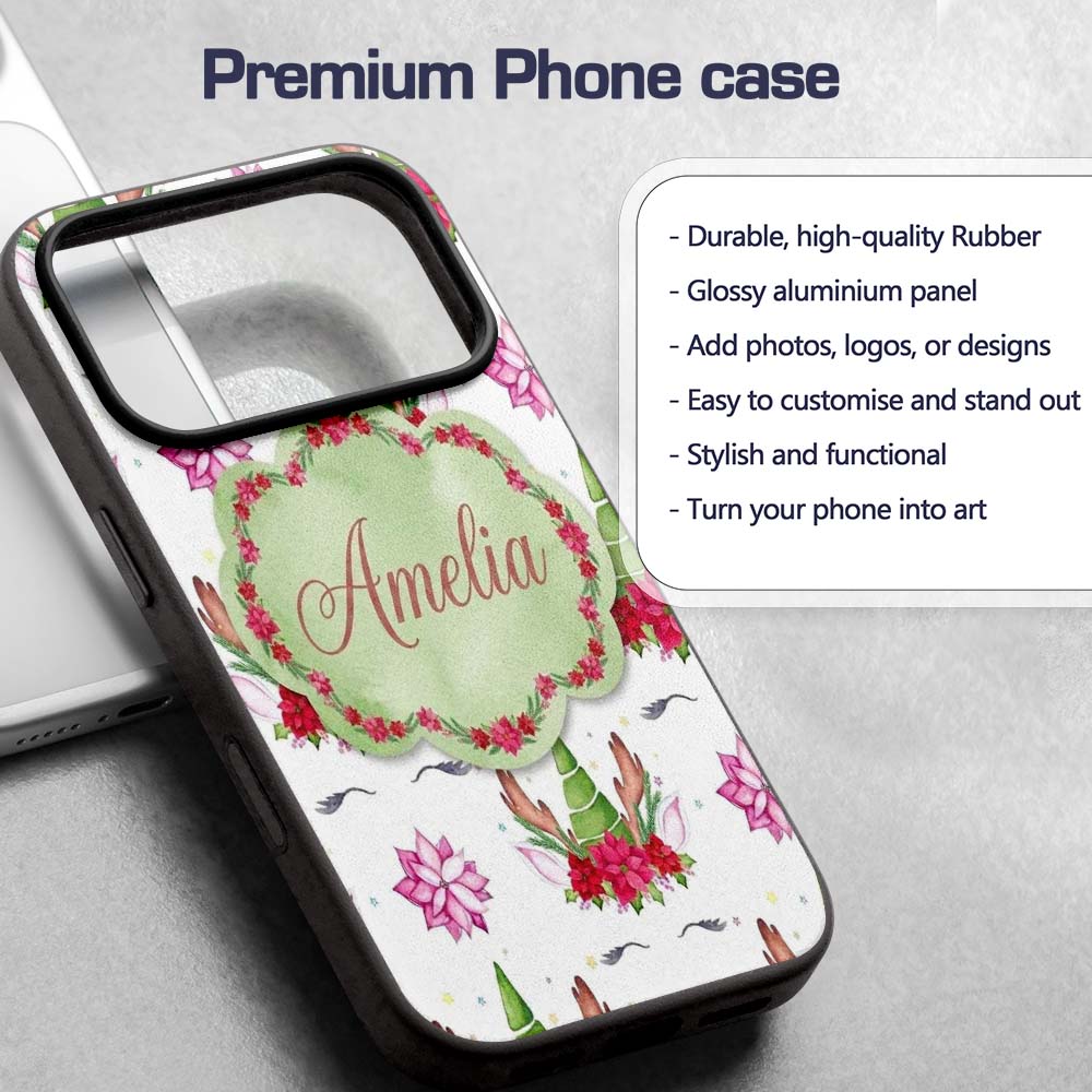 Cute Unicorn Christmas Poinsettia Floral Fantasy Custom Name Protective Phone Case Mobile Cover Durable Everyday Smartphone Shock Resistant