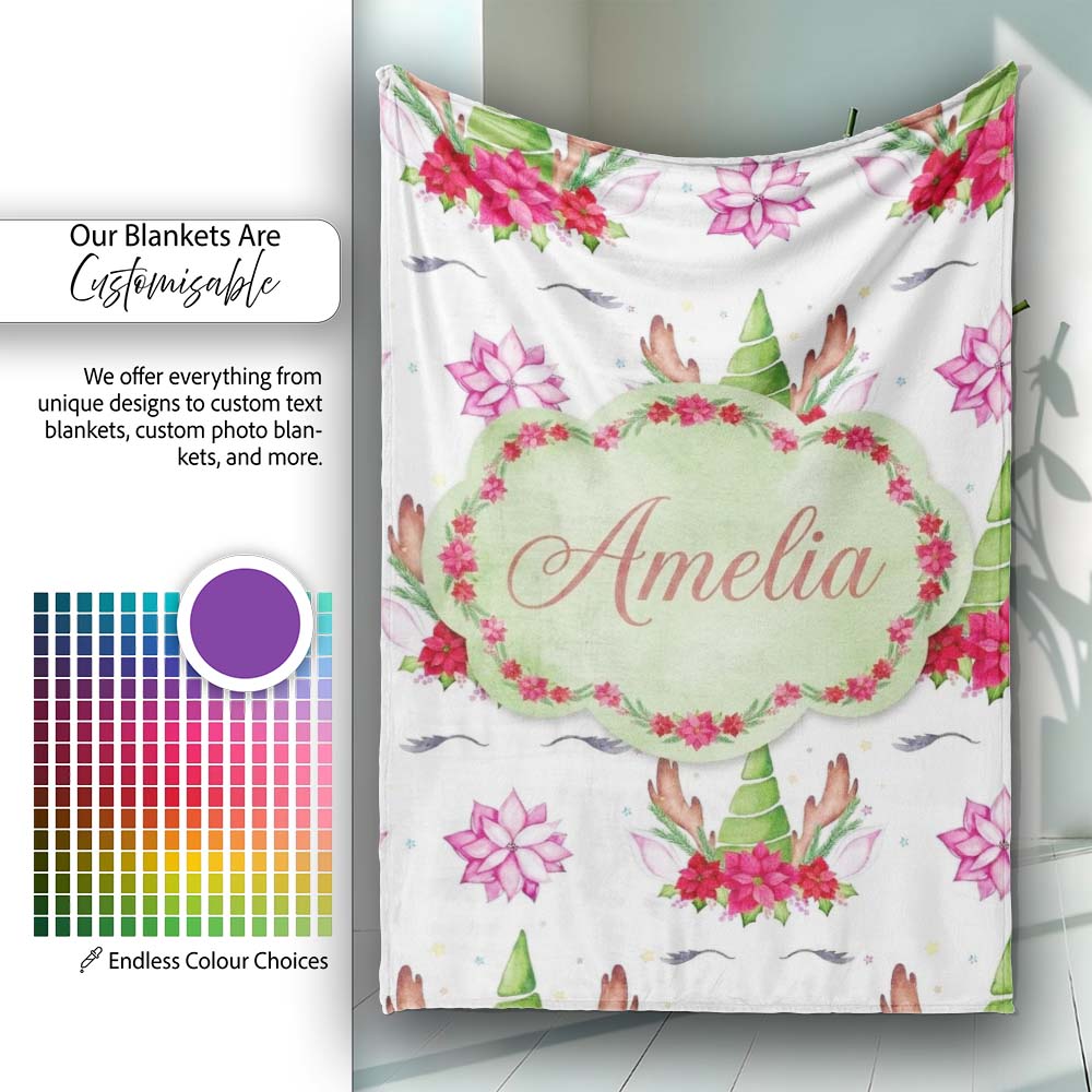 Cute Unicorn Christmas Poinsettia Floral Fantasy Seamless Pattern Personalised Custom Name Super Soft Fleece Blanket Bed Sofa Throw