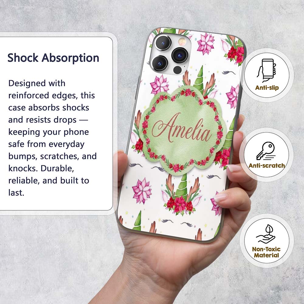 Cute Unicorn Christmas Poinsettia Floral Fantasy Custom Name Protective Phone Case Mobile Cover Durable Everyday Smartphone Shock Resistant