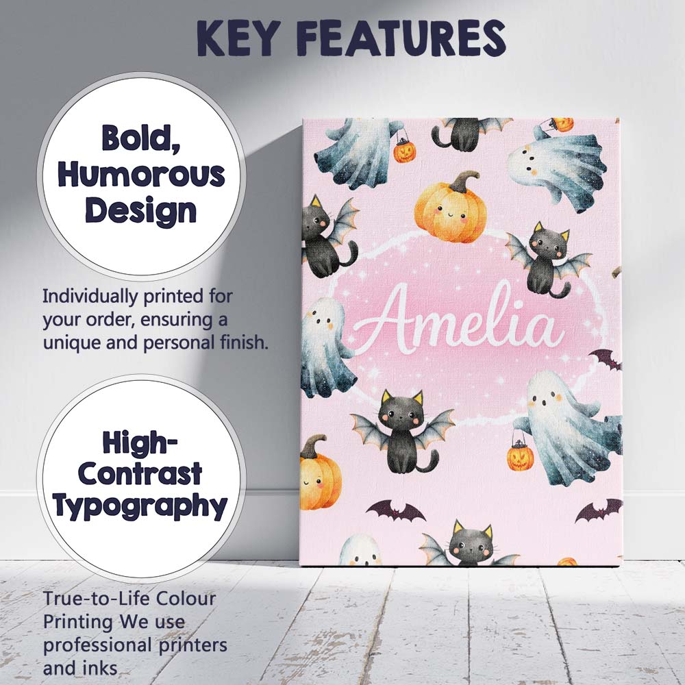 Personalised Name Halloween Ghost Pumpkin Cat Seamless Pattern Pink Custom Canvas Wall Art Print Decor Picture Ready to Hang