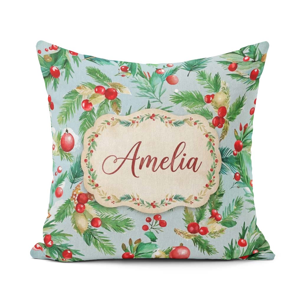 Custom Name Watercolor Christmas Wreath Holly Berry Pine Pattern Square Filled Cushion Throw Pillow Sofa Bed Home Decor Zip Washable UK Made