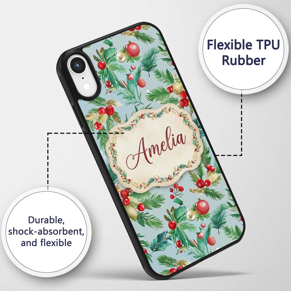 Watercolor Christmas Wreath Holly Berry Pine Custom Name Protective Phone Case Mobile Cover Durable Everyday Smartphone Shock Resistant