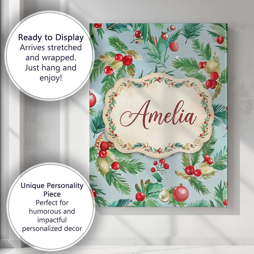 Personalised Name Watercolor Christmas Custom Modern Room Accent Elegant Feature Canvas Wall Art Print Decor Picture Ready to Hang