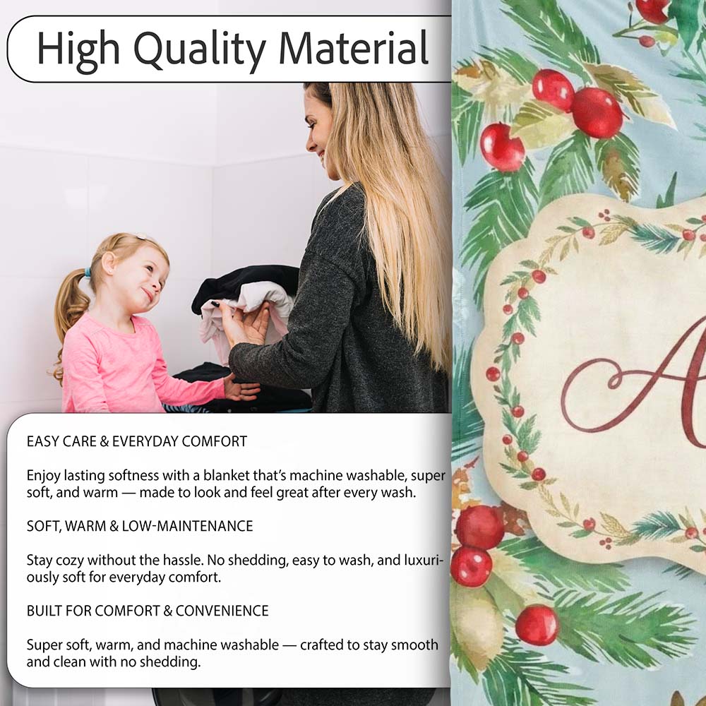 Watercolor Christmas Wreath Holly Berry Pine Branch Seamless Pattern Personalised Custom Name Super Soft Fleece Blanket Bed Sofa Throw