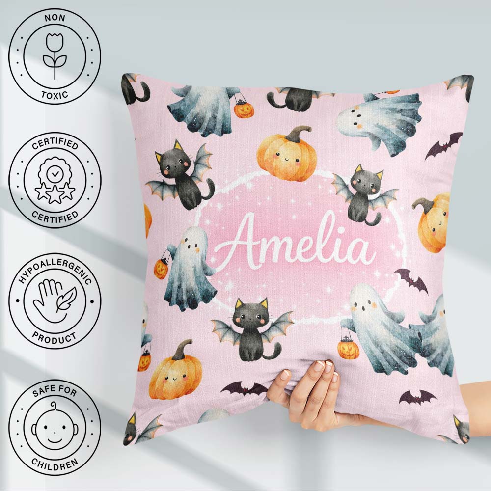 Custom Name Halloween Ghost Pumpkin Cat Pattern Pink Cute Spooky Square Filled Cushion Throw Pillow Sofa Bed Home Decor Zip Washable UK Made