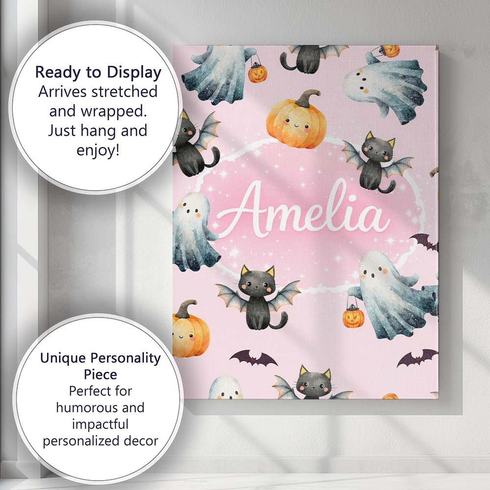 Personalised Name Halloween Ghost Pumpkin Cat Seamless Pattern Pink Custom Canvas Wall Art Print Decor Picture Ready to Hang