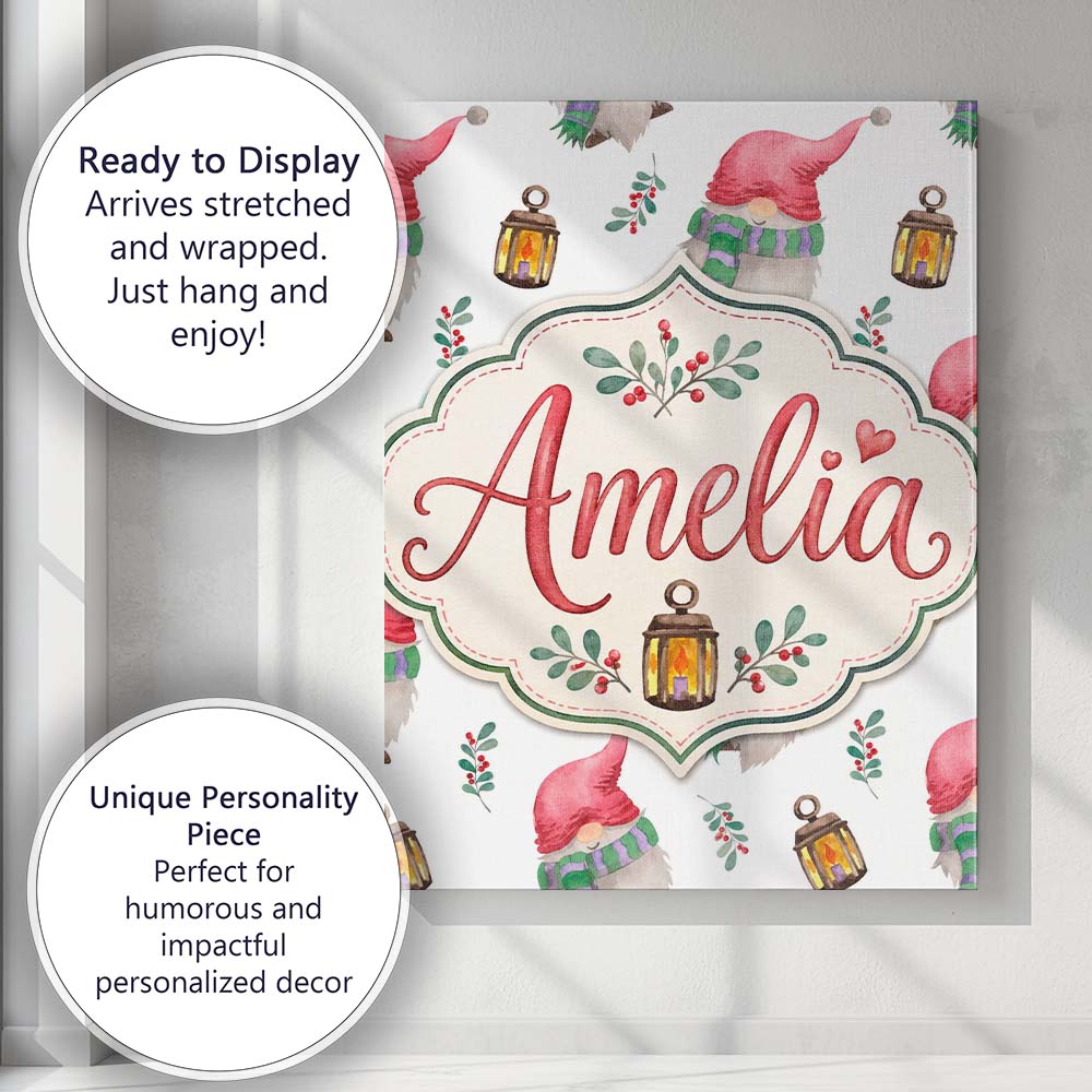 Personalised Name Cute Christmas Gnome Custom Modern Room Accent Elegant Feature Canvas Wall Art Print Decor Picture Ready to Hang