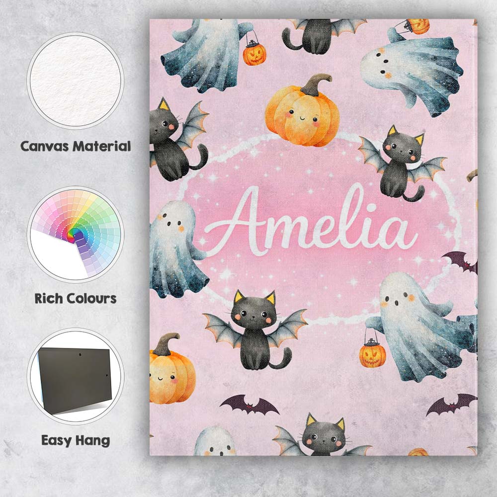 Personalised Name Halloween Ghost Pumpkin Cat Seamless Pattern Pink Custom Canvas Wall Art Print Decor Picture Ready to Hang