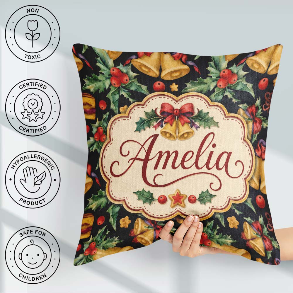 Custom Name Watercolor Festive Bells Holly Dark Seamless Pattern Square Filled Cushion Throw Pillow Sofa Bed Home Decor Zip Washable UK Made