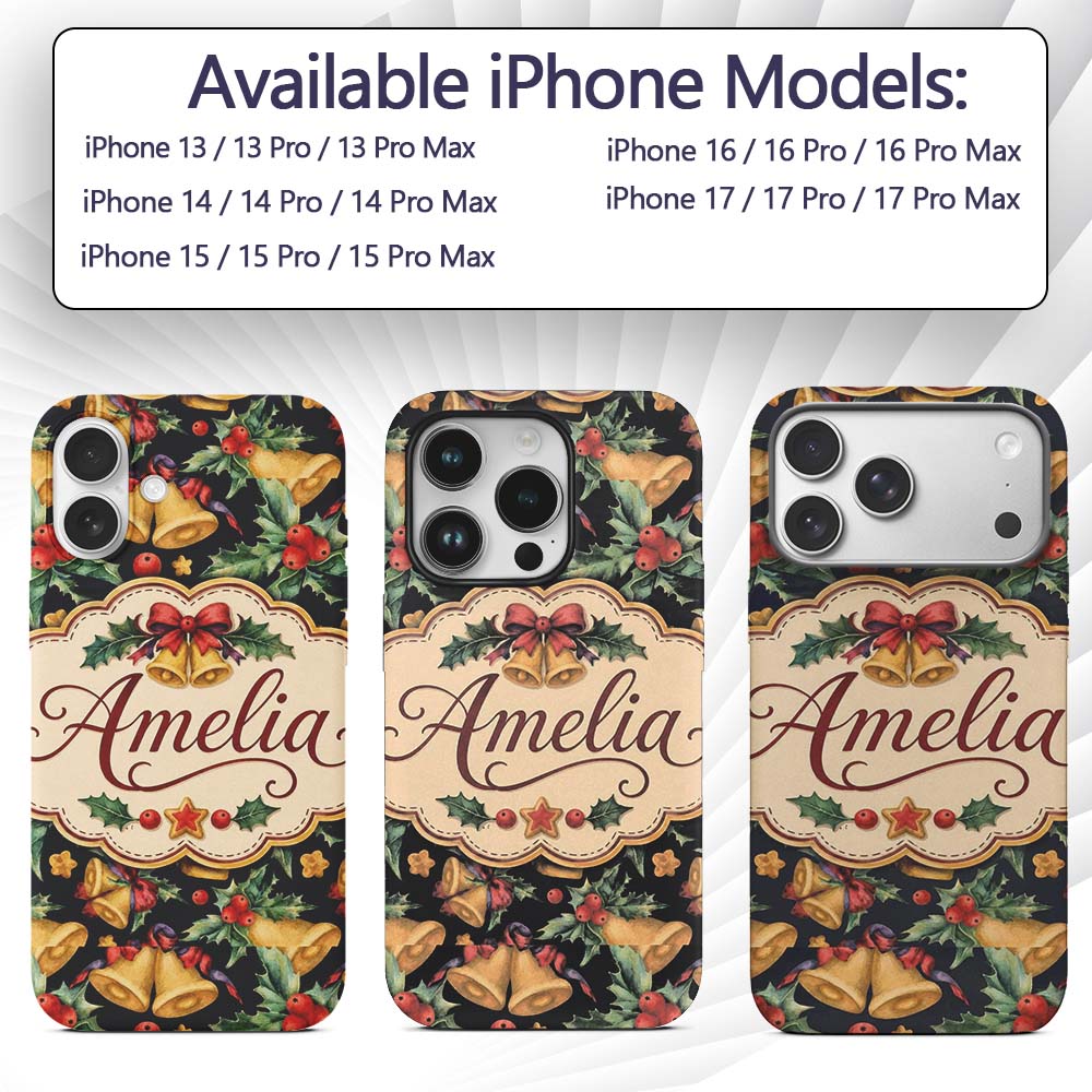 Watercolor Festive Bells Holly Gift Ribbon Dark Custom Name Protective Phone Case Mobile Cover Durable Everyday Smartphone Shock Resistant