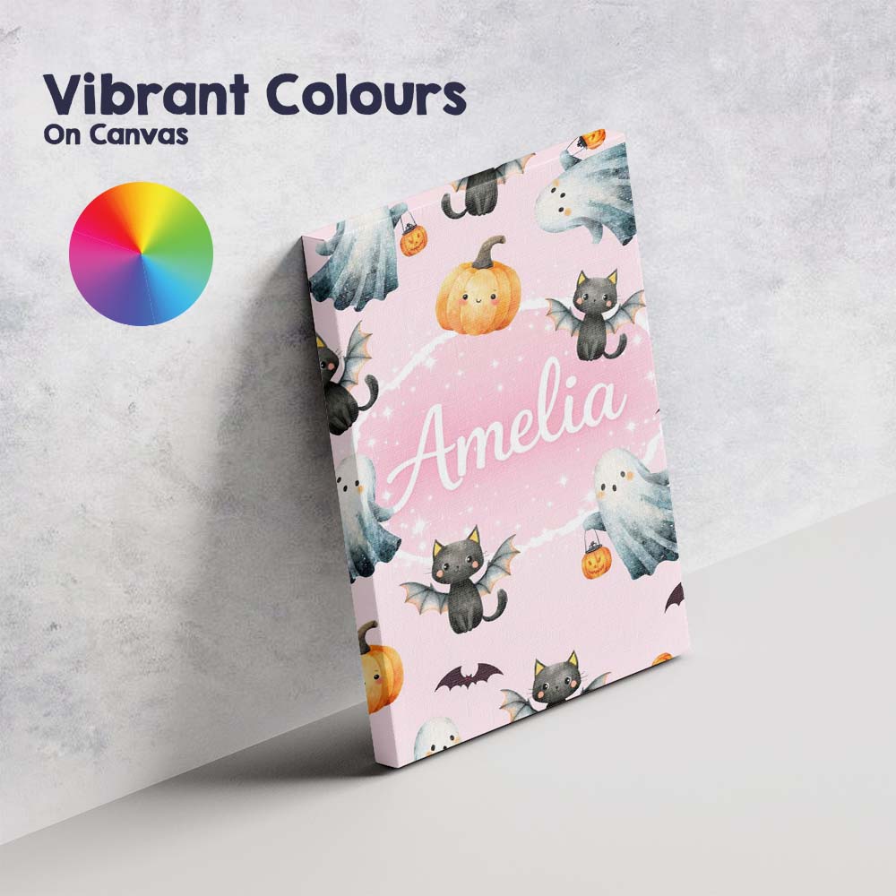 Personalised Name Halloween Ghost Pumpkin Cat Seamless Pattern Pink Custom Canvas Wall Art Print Decor Picture Ready to Hang