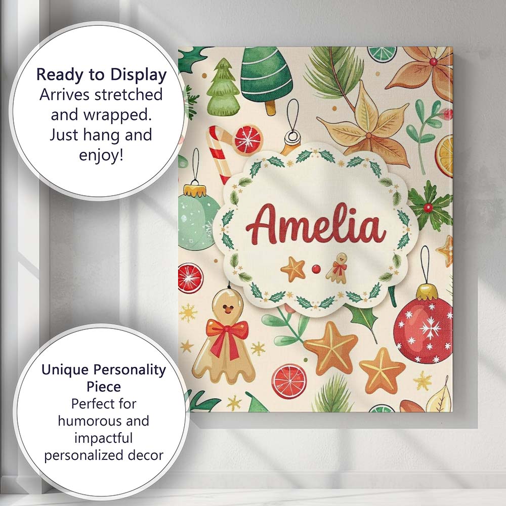 Personalised Name Cute Christmas Ornament Custom Unique Gift Idea Elegant Feature Canvas Wall Art Print Decor Picture Ready to Hang