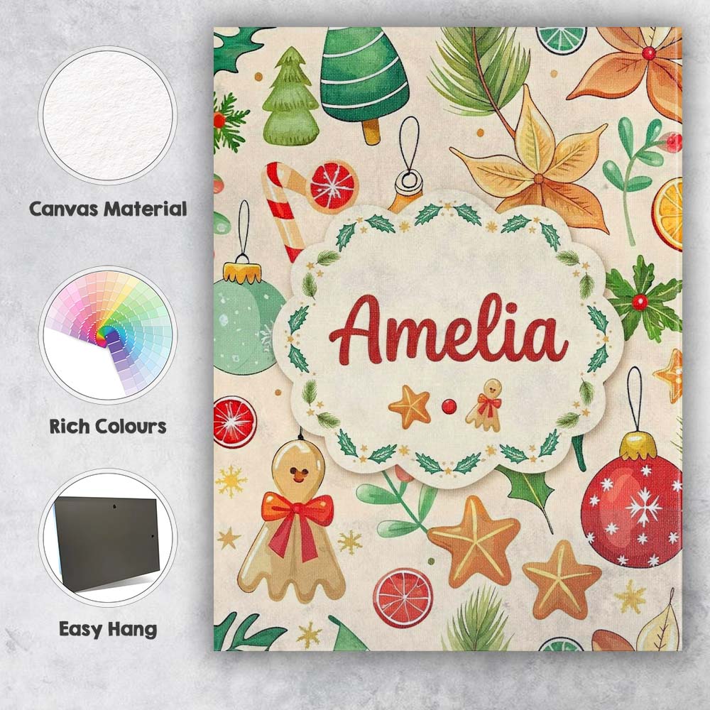 Personalised Name Cute Christmas Ornament Custom Unique Gift Idea Elegant Feature Canvas Wall Art Print Decor Picture Ready to Hang