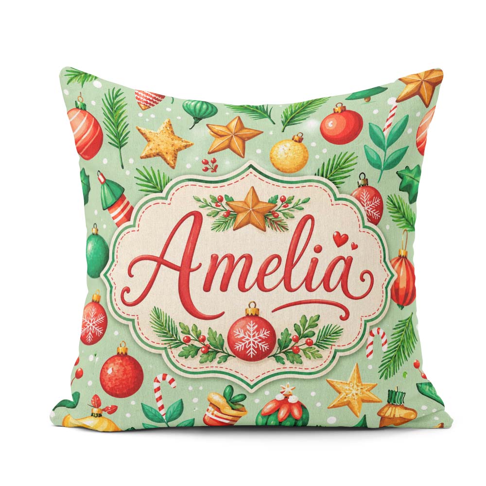 Custom Name Colorful Christmas Baubles Star Pine Candy Seamless Square Filled Cushion Throw Pillow Sofa Bed Home Decor Zip Washable UK Made