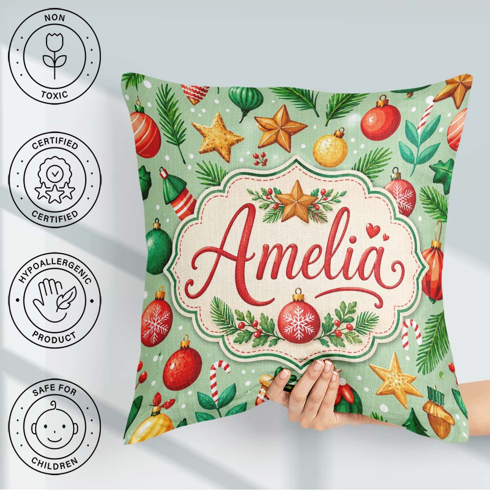 Custom Name Colorful Christmas Baubles Star Pine Candy Seamless Square Filled Cushion Throw Pillow Sofa Bed Home Decor Zip Washable UK Made