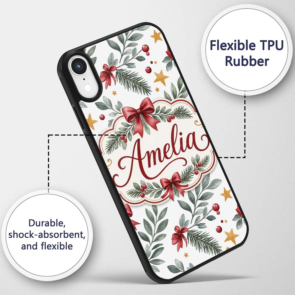 Watercolor Red Bow Gold Star Leaf Berry Holiday Custom Name Protective Phone Case Mobile Cover Durable Everyday Smartphone Shock Resistant