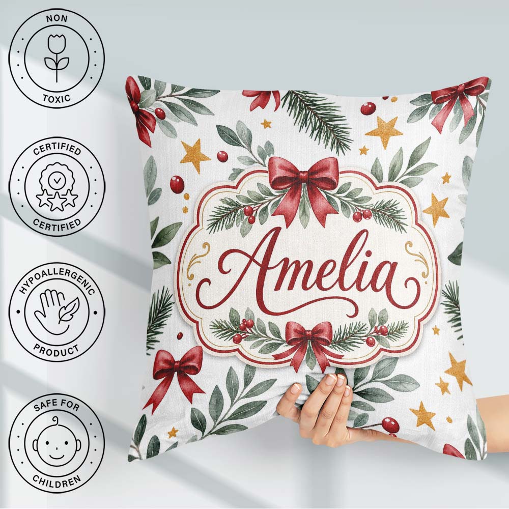Custom Name Watercolor Red Gold Star Leaf Berry Holiday Seamless Square Filled Cushion Throw Pillow Sofa Bed Home Decor Zip Washable UK Made