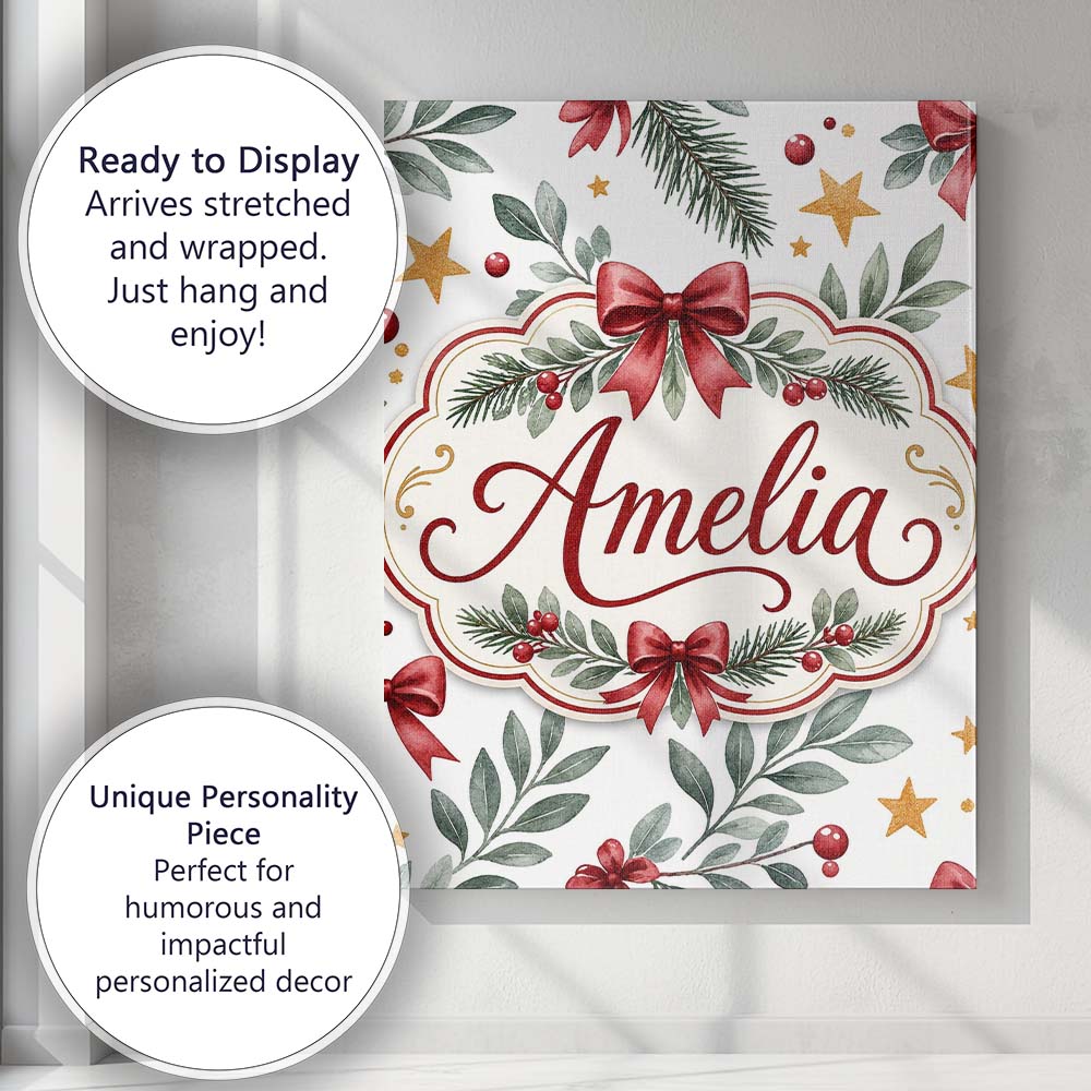 Personalised Name Watercolor Red Bow Gold Custom Unique Gift Idea Elegant Feature Canvas Wall Art Print Decor Picture Ready to Hang