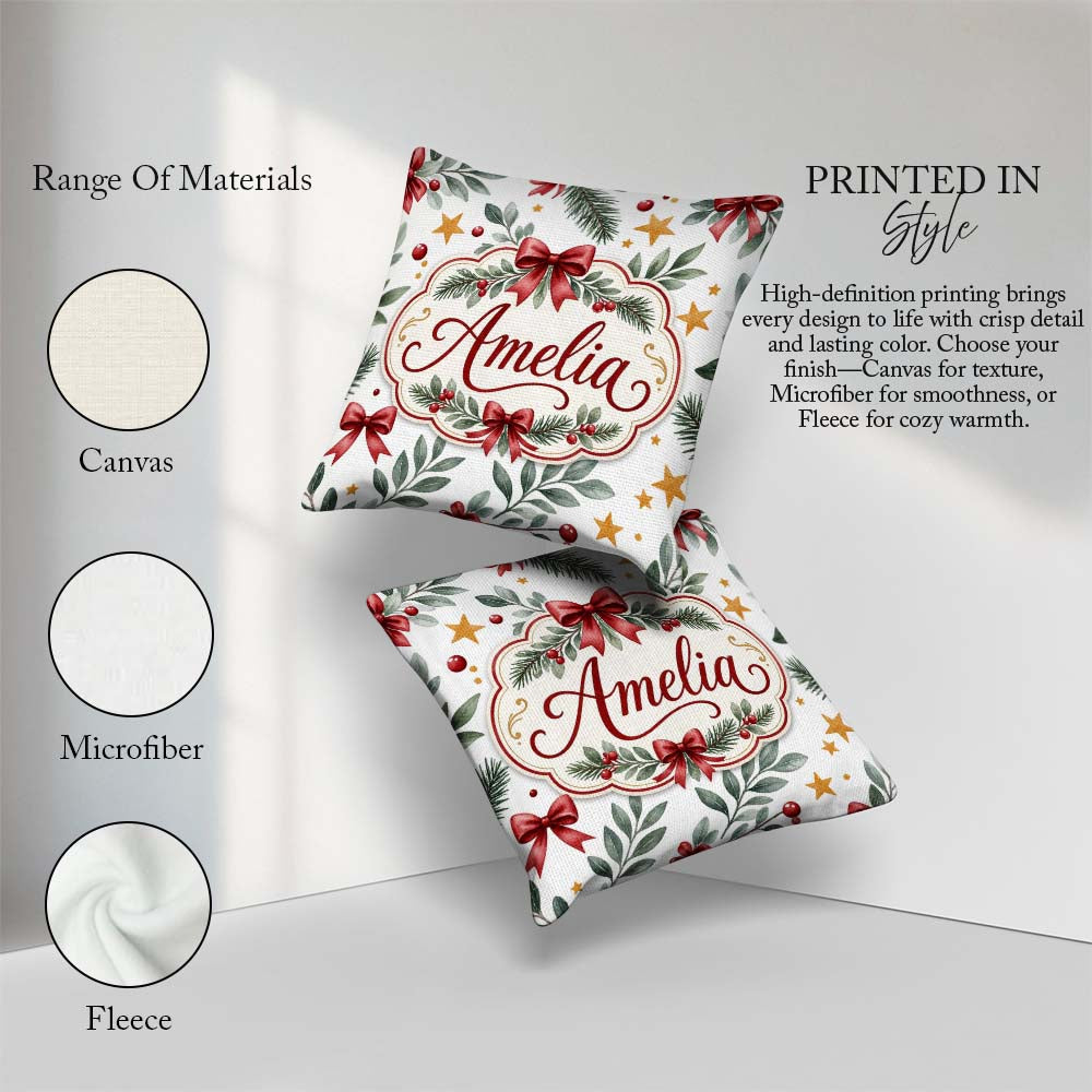Custom Name Watercolor Red Gold Star Leaf Berry Holiday Seamless Square Filled Cushion Throw Pillow Sofa Bed Home Decor Zip Washable UK Made