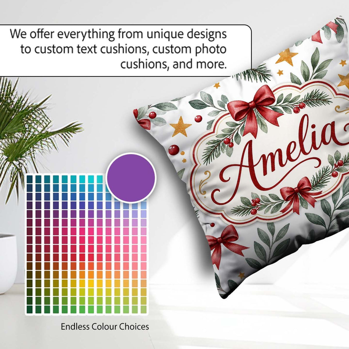 Custom Name Watercolor Red Gold Star Leaf Berry Holiday Seamless Square Filled Cushion Throw Pillow Sofa Bed Home Decor Zip Washable UK Made