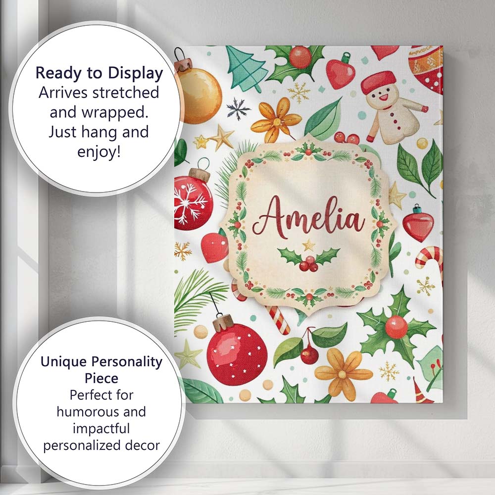 Personalised Name Cute Christmas Tree Custom Modern Room Accent Creative Decorator Style Canvas Wall Art Print Decor Picture Ready to Hang