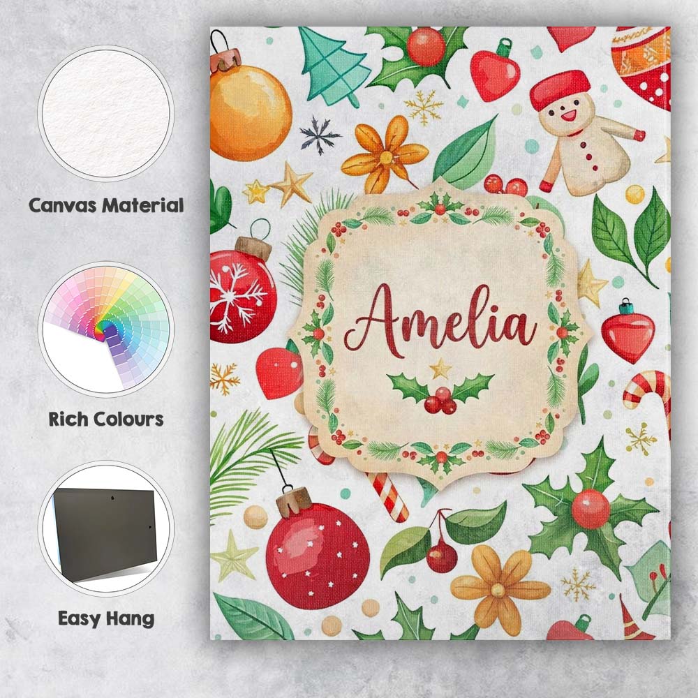 Personalised Name Cute Christmas Tree Custom Modern Room Accent Creative Decorator Style Canvas Wall Art Print Decor Picture Ready to Hang