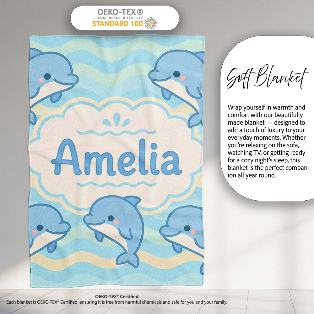 Cute Dolphin Waves Cartoon Animal Pattern Cute Unique Gift Lovely Personalised Custom Name Super Soft Fleece Blanket Bed Sofa Throw