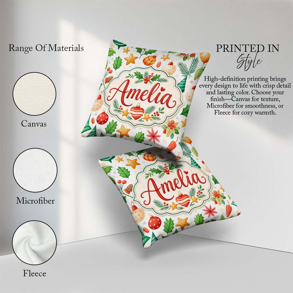 Custom Name Festive Christmas Holly Star Ornament Heart Seamless Square Filled Cushion Throw Pillow Sofa Bed Home Decor Zip Washable UK Made