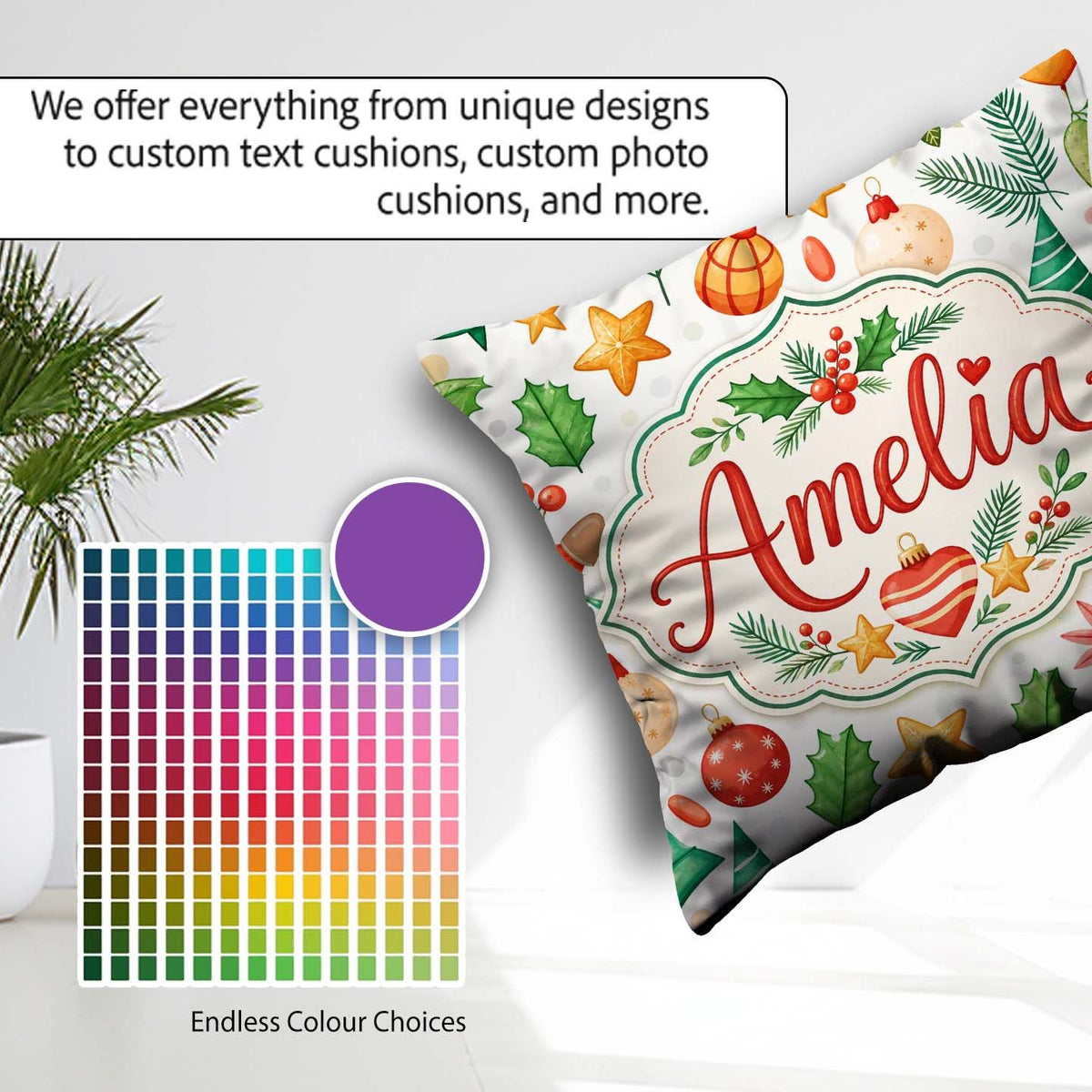 Custom Name Festive Christmas Holly Star Ornament Heart Seamless Square Filled Cushion Throw Pillow Sofa Bed Home Decor Zip Washable UK Made